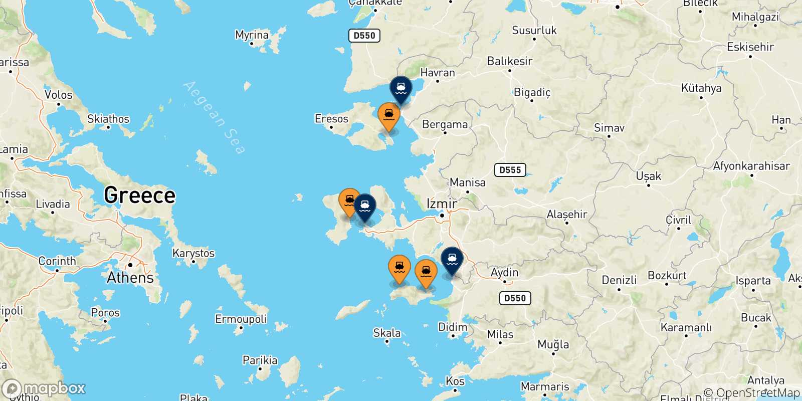 Map of the possible routes between Aegean Islands and Turkey