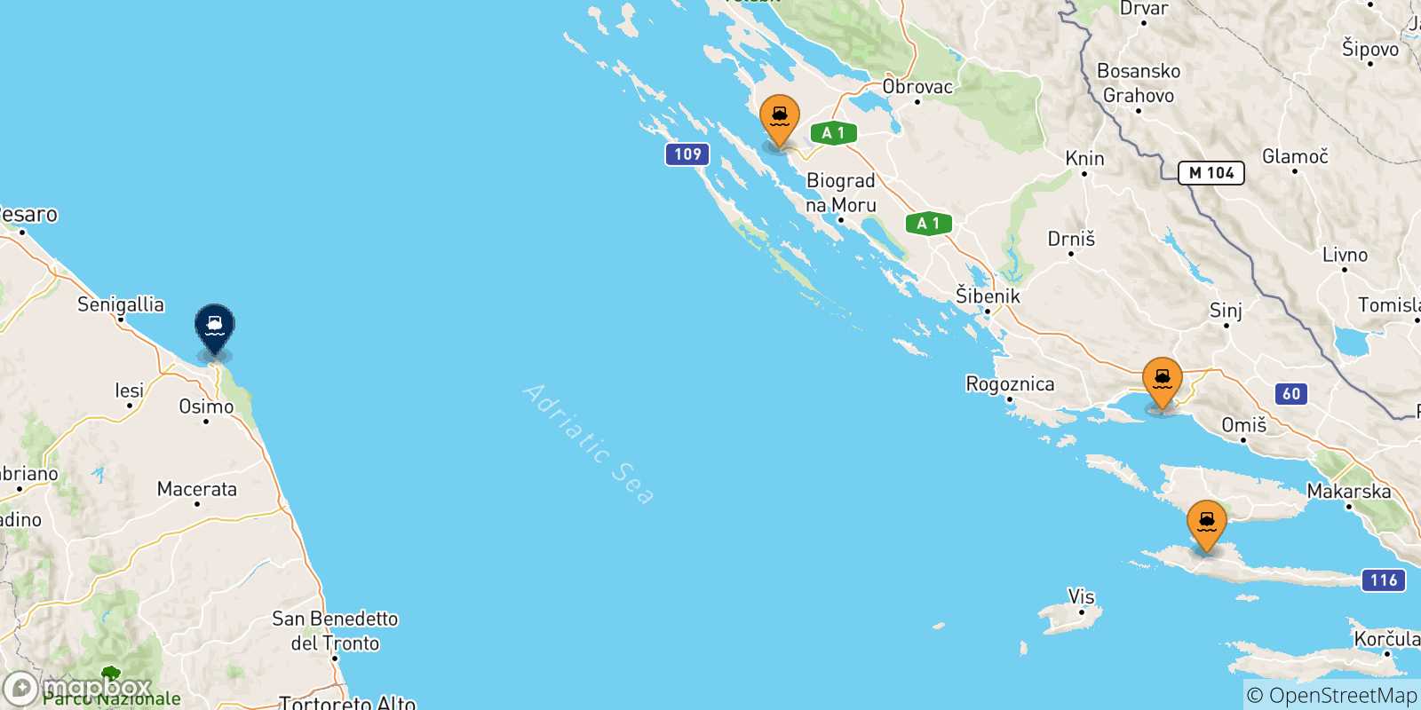 Map of the possible routes between Croatia and Ancona