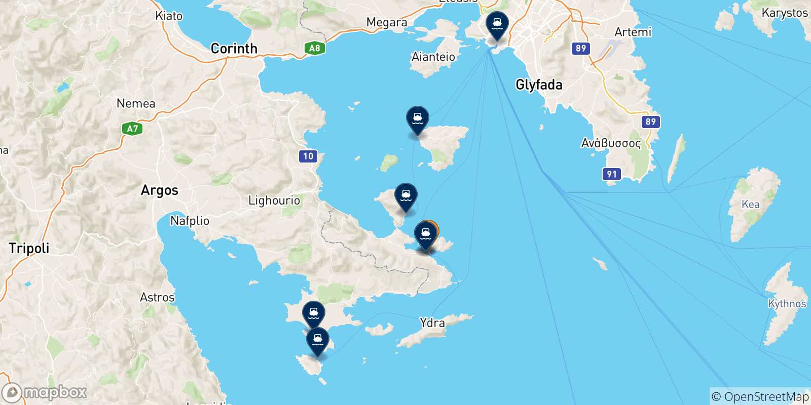 Map of the possible routes between Poros and Greece