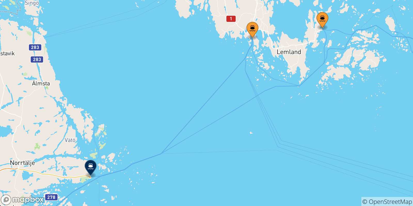 Map of the possible routes between Aland Islands and Kapellskar