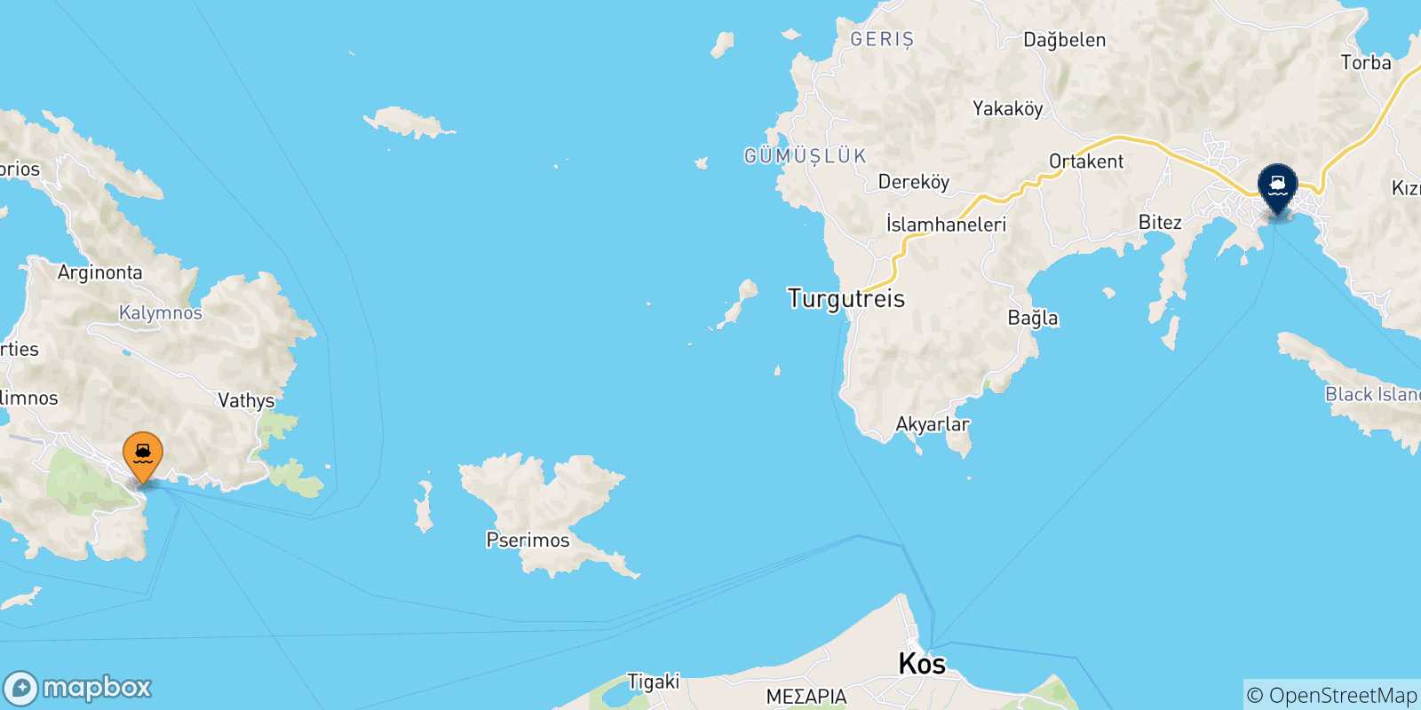 Map of the possible routes between Kalymnos and Turkey