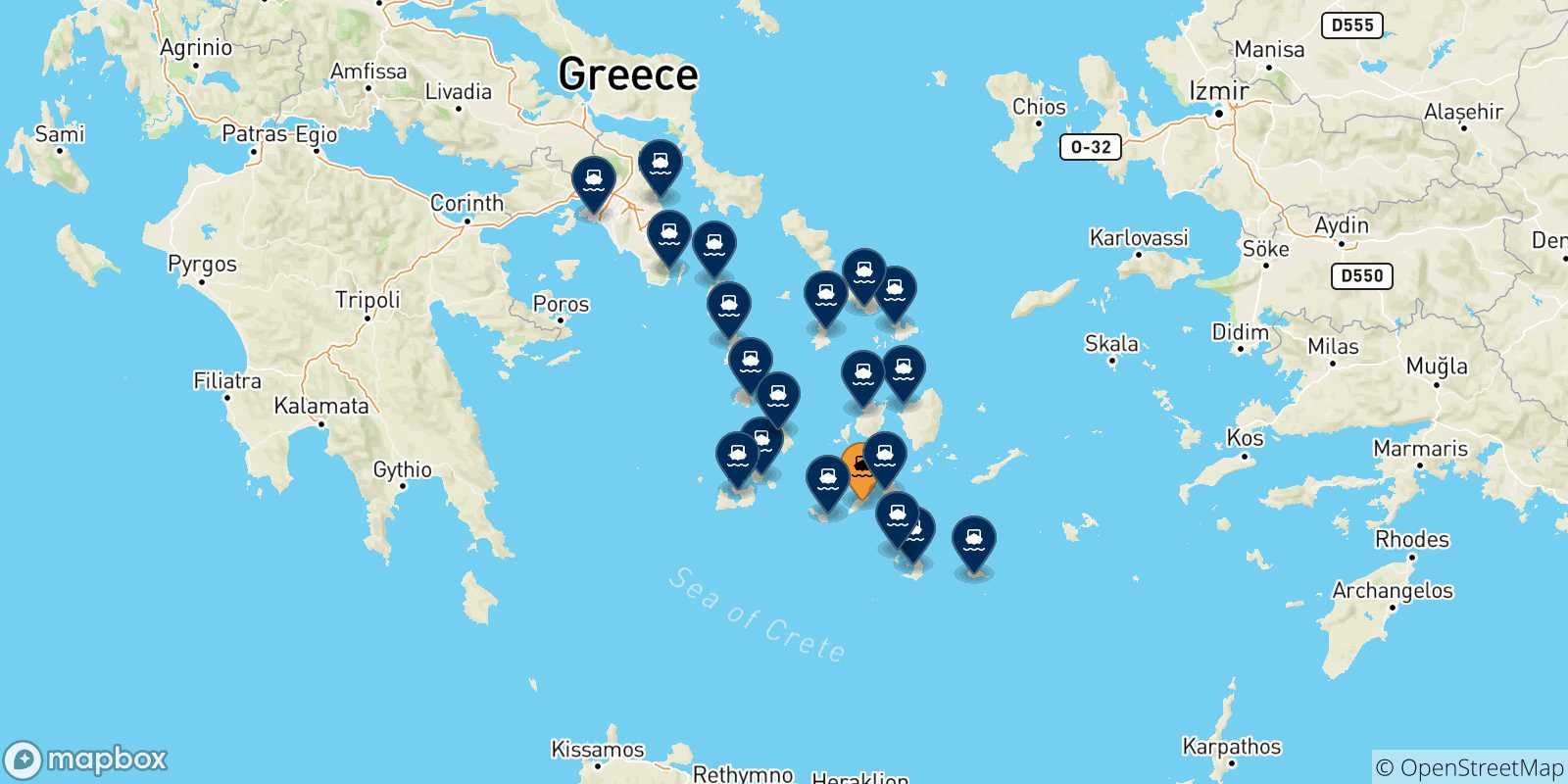 Map of the possible routes between Sikinos and Greece