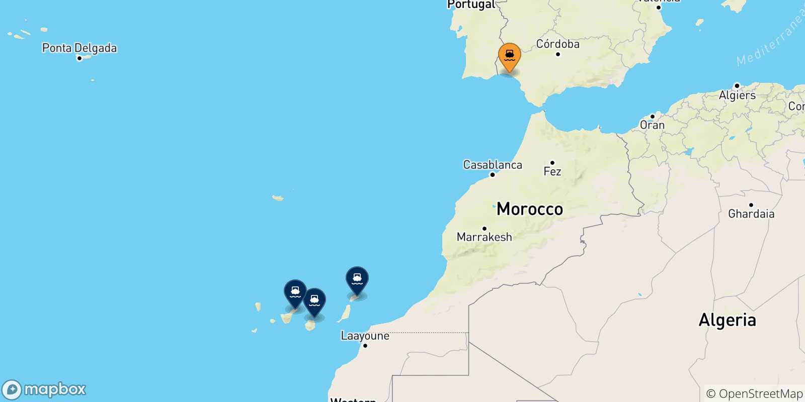 Map of the possible routes between Huelva and Canary Islands