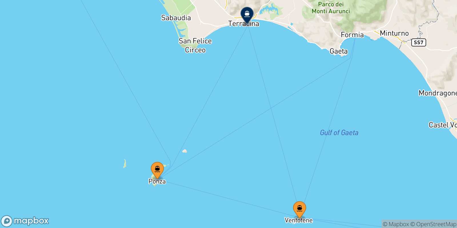 Map of the ports connected with  Terracina