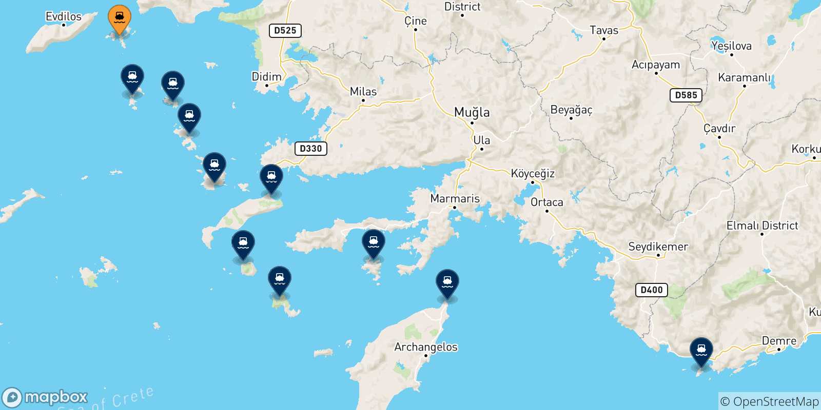 Map of the possible routes between Fourni and Dodecanese Islands