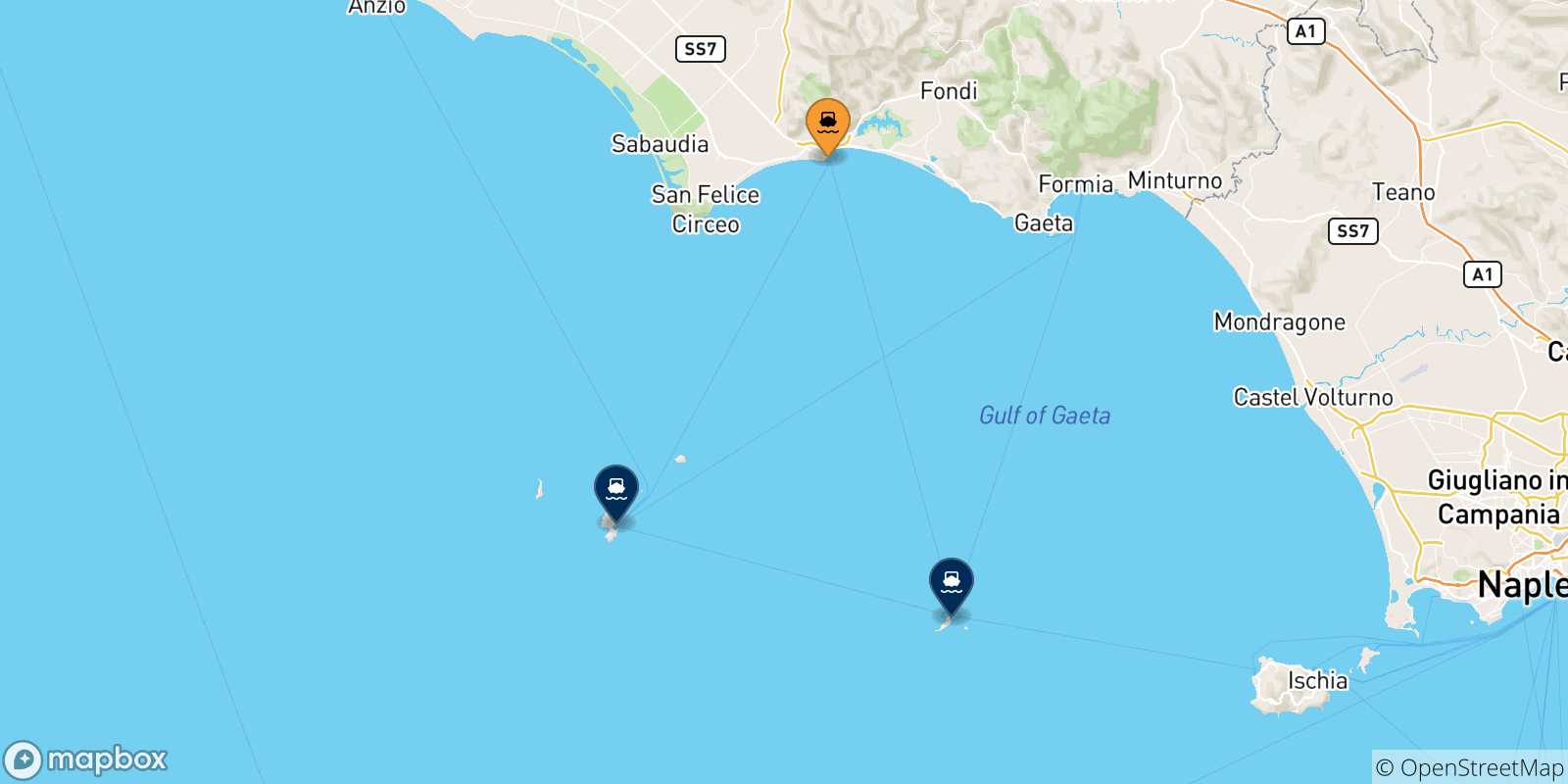 Map of the possible routes between Terracina and Pontine Islands