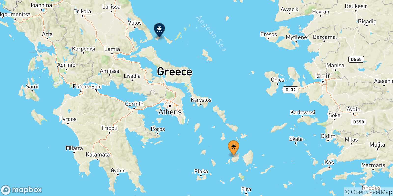 Map of the possible routes between Paros and Sporades Islands