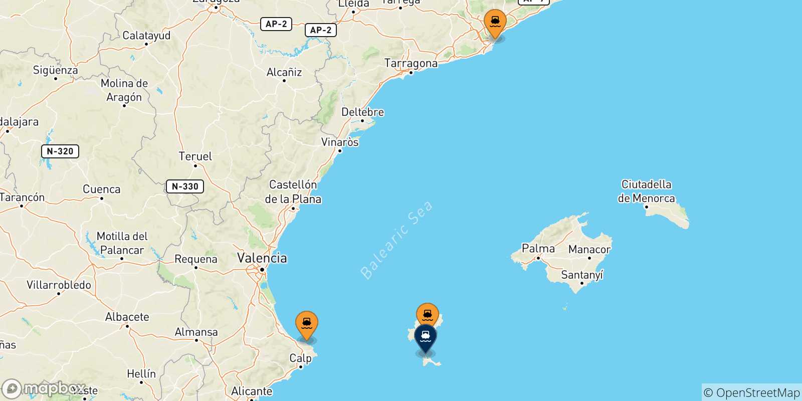 Map of the possible routes between Spain and Formentera