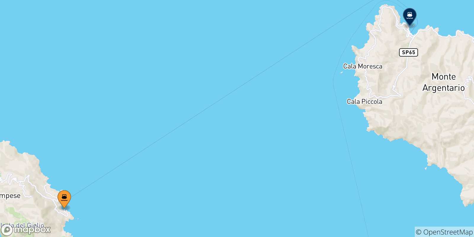 Map of the possible routes between Giglio Island and Porto Santo Stefano