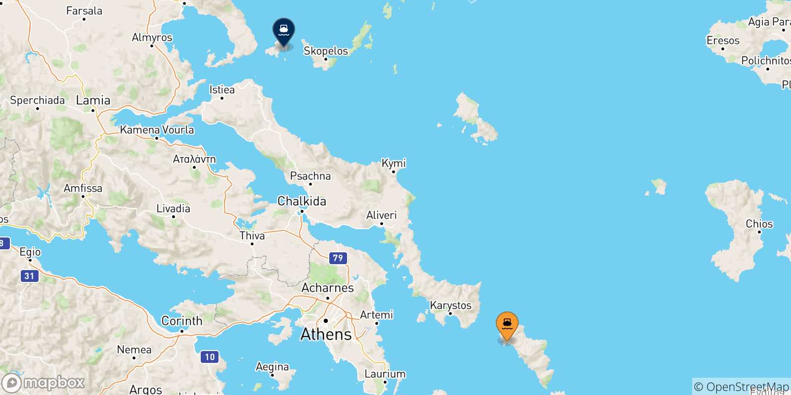 Map of the possible routes between Andros and Sporades Islands