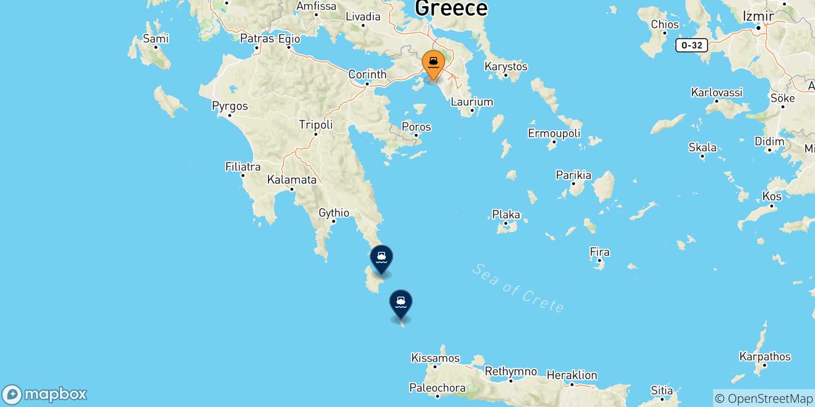 Map of the possible routes between Piraeus and Ionian Islands