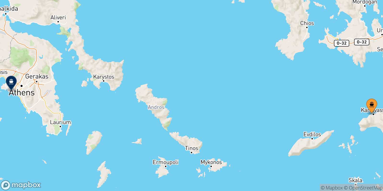 Karlovassi (Samos) Piraeus route map