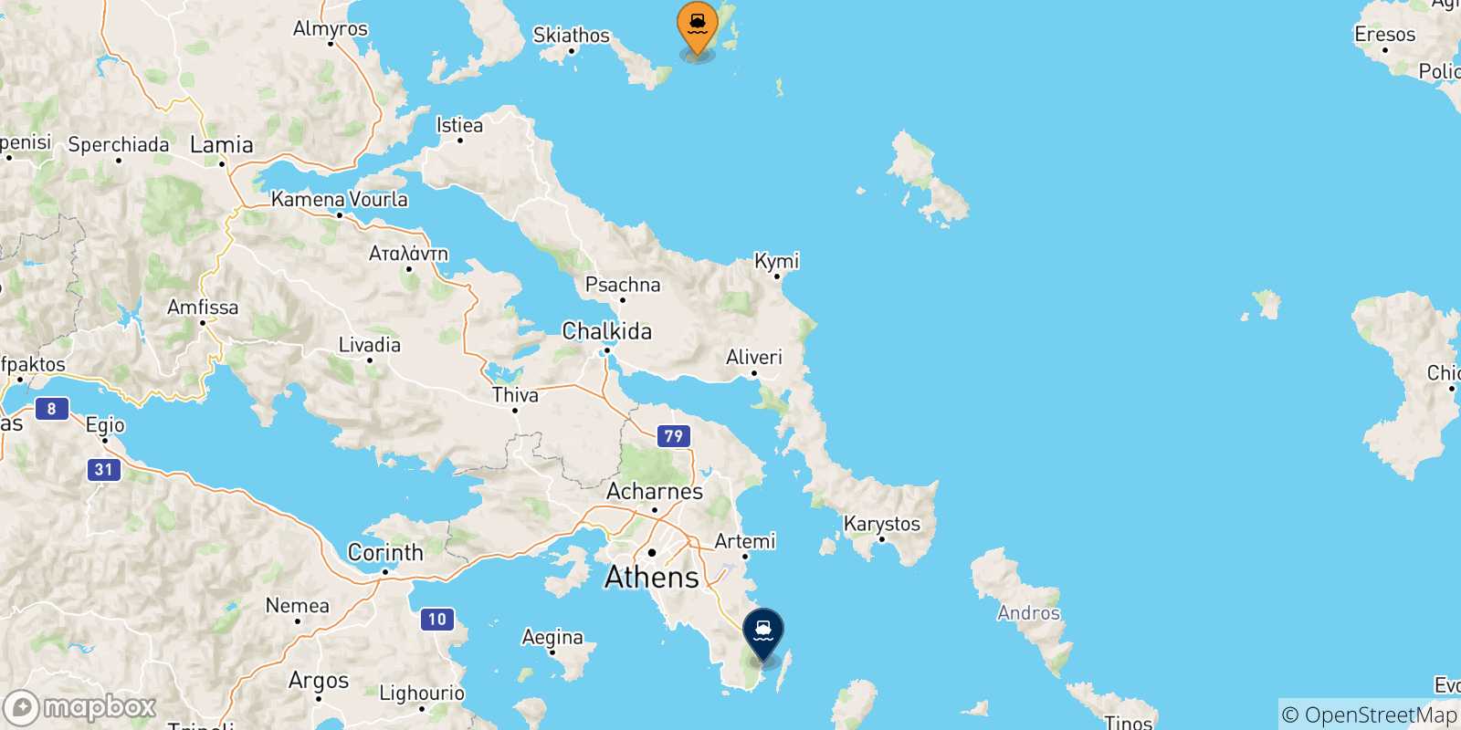 Map of the possible routes between Sporades Islands and Lavrio