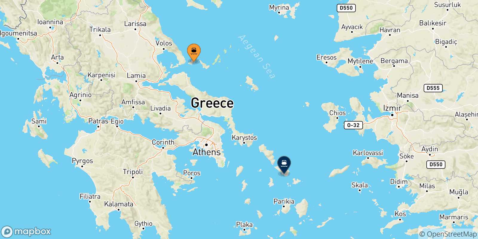 Map of the possible routes between Sporades Islands and Tinos