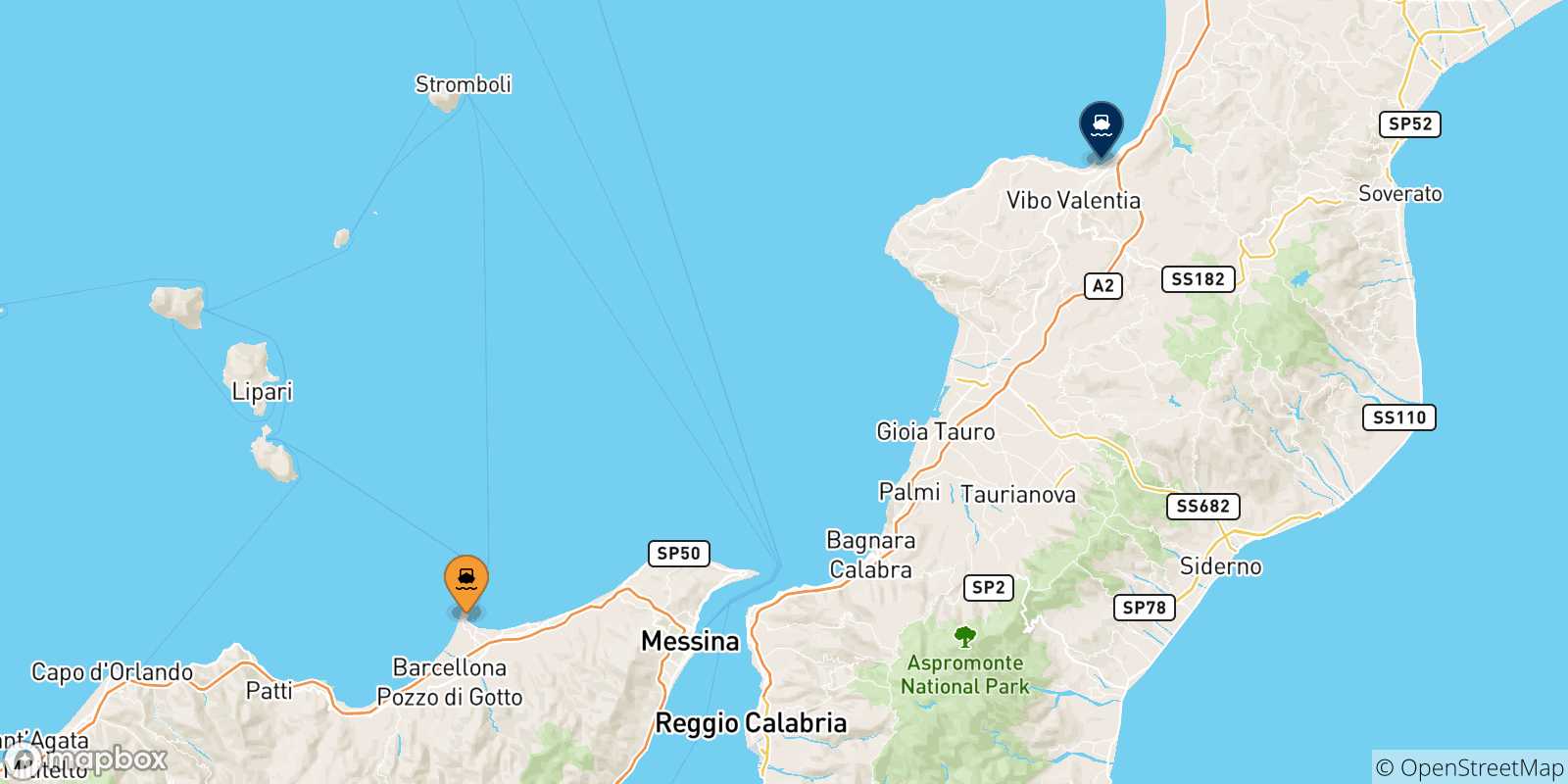 Map of the possible routes between Sicily and Vibo Valentia