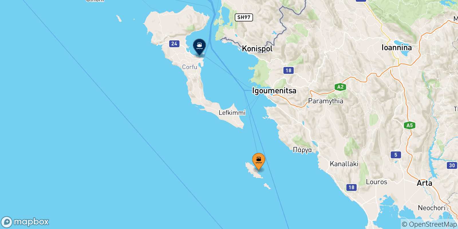 Map of the possible routes between Paxos and Ionian Islands