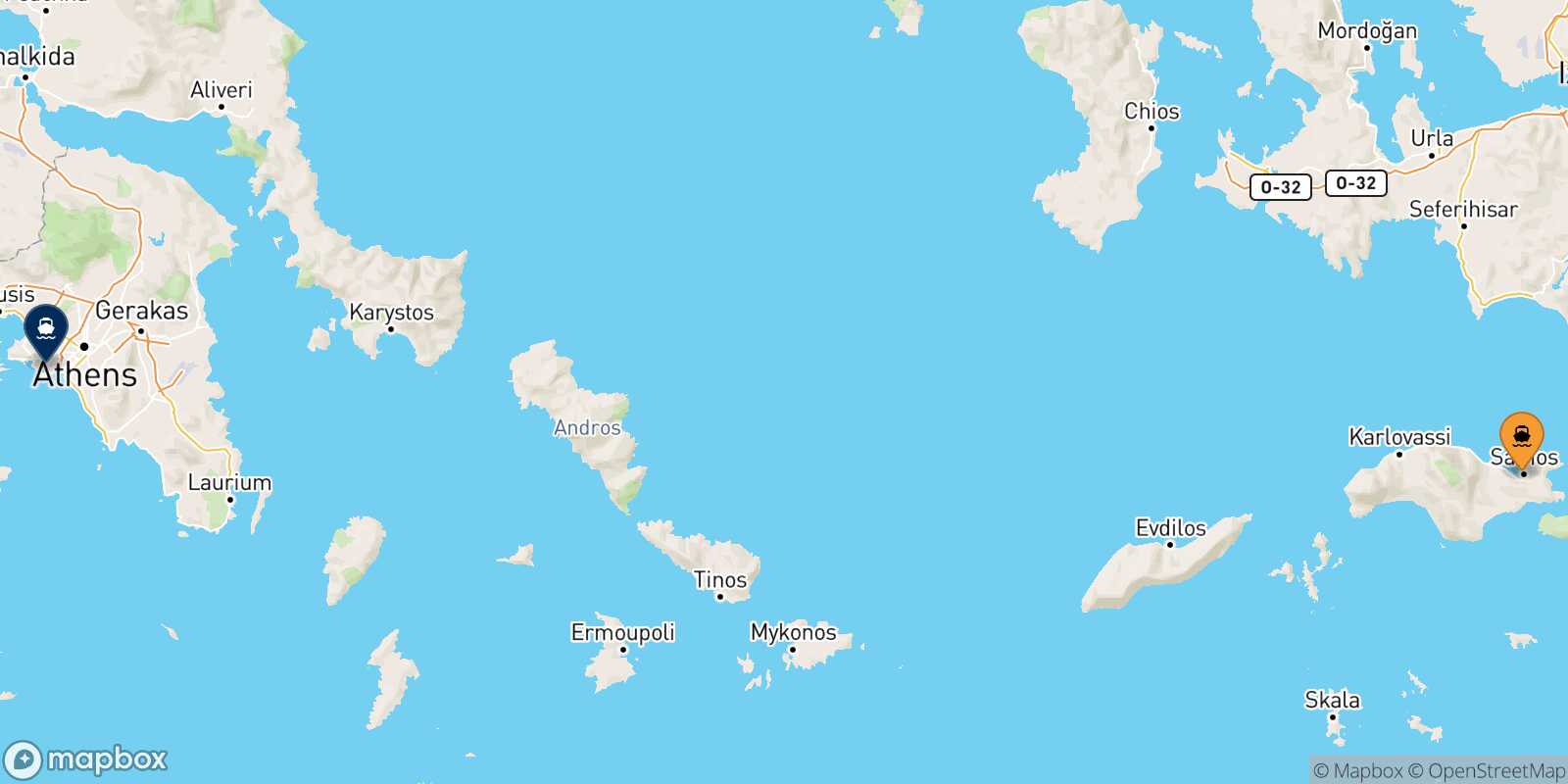 Vathi (Samos) Piraeus route map