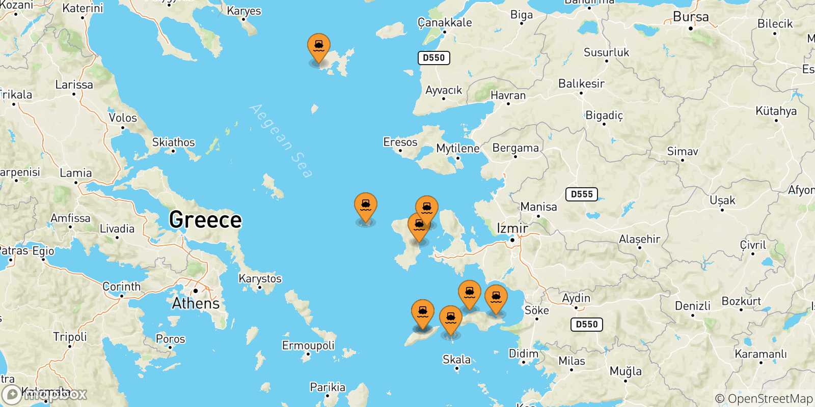 Map of the possible routes between Aegean Islands and Mytilene (Lesvos)