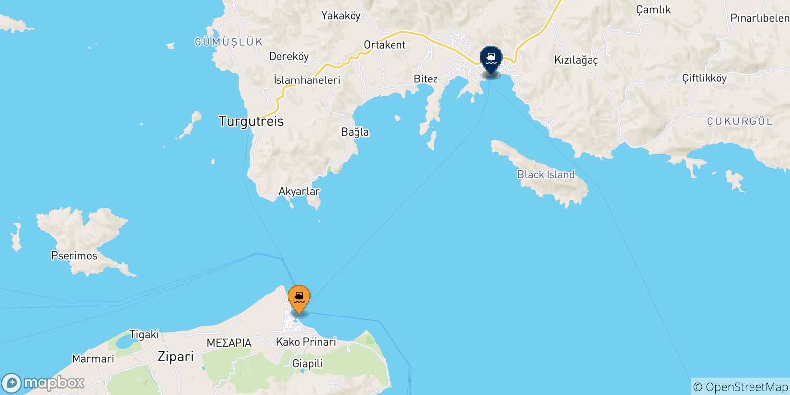 Map of the possible routes between Kos and Turkey