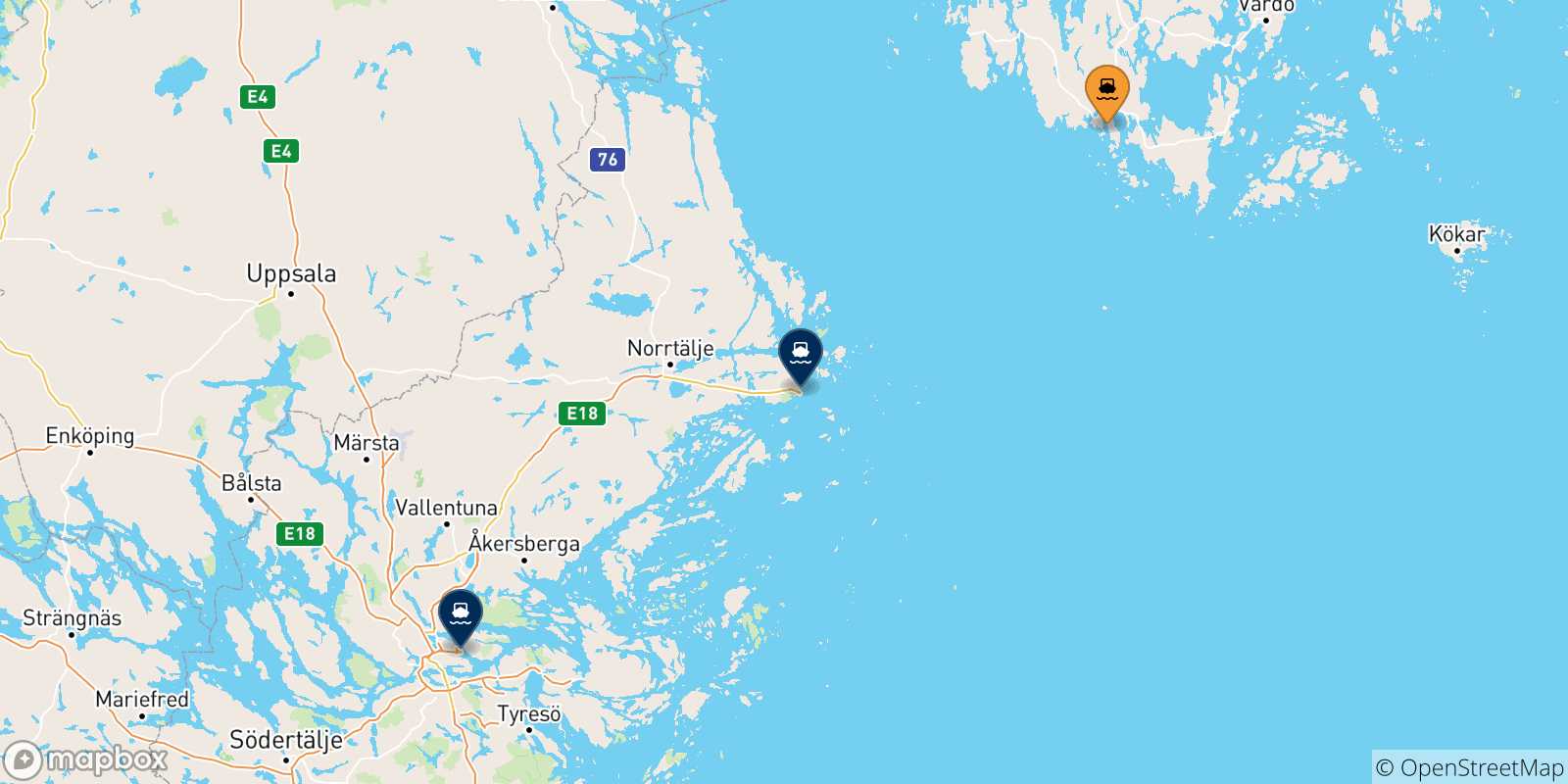 Map of the possible routes between Mariehamn and Sweden