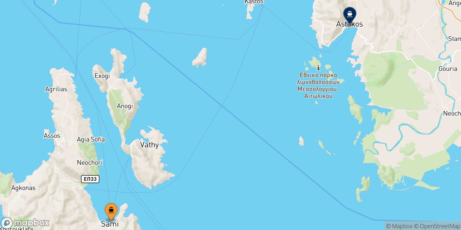 Sami (Kefalonia) Astakos route map