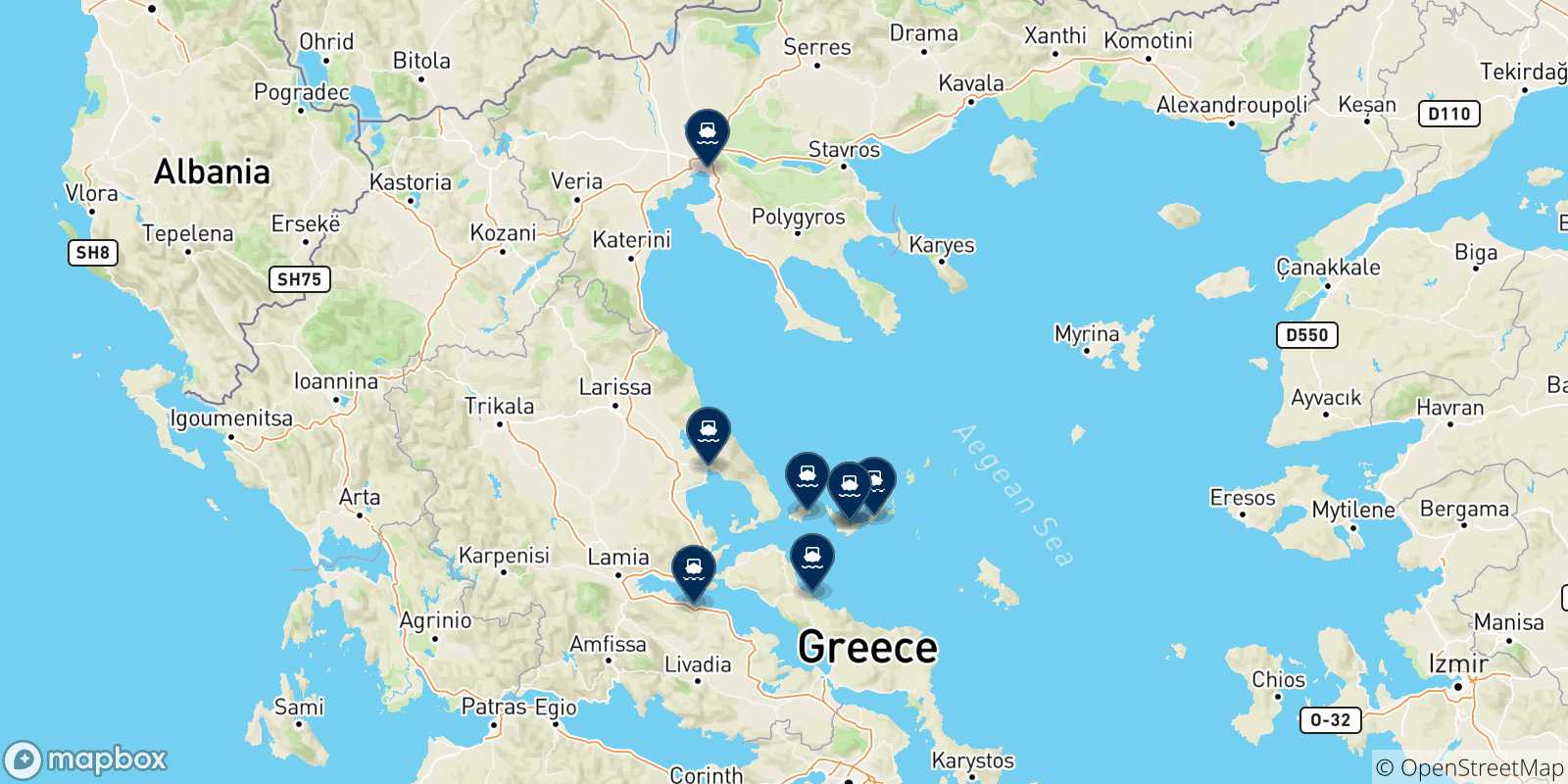 Map of the possible routes between Skopelos and Greece