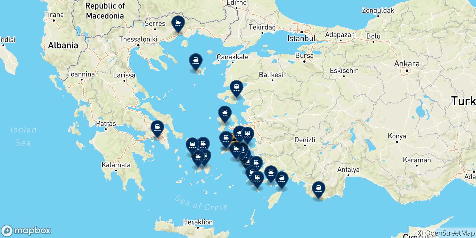 Map of the possible routes between Fourni and Greece