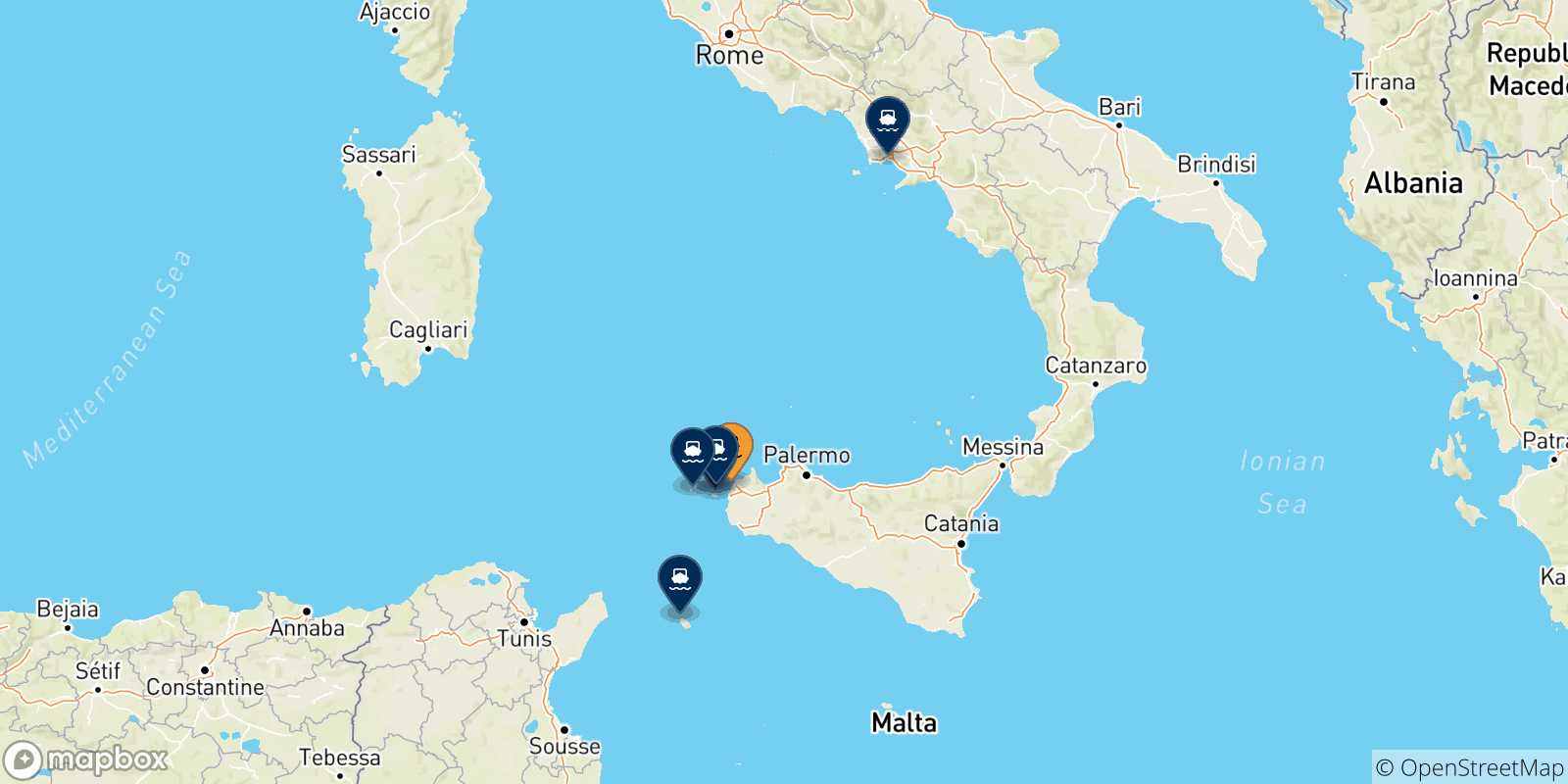 Map of the possible routes between Trapani and Italy
