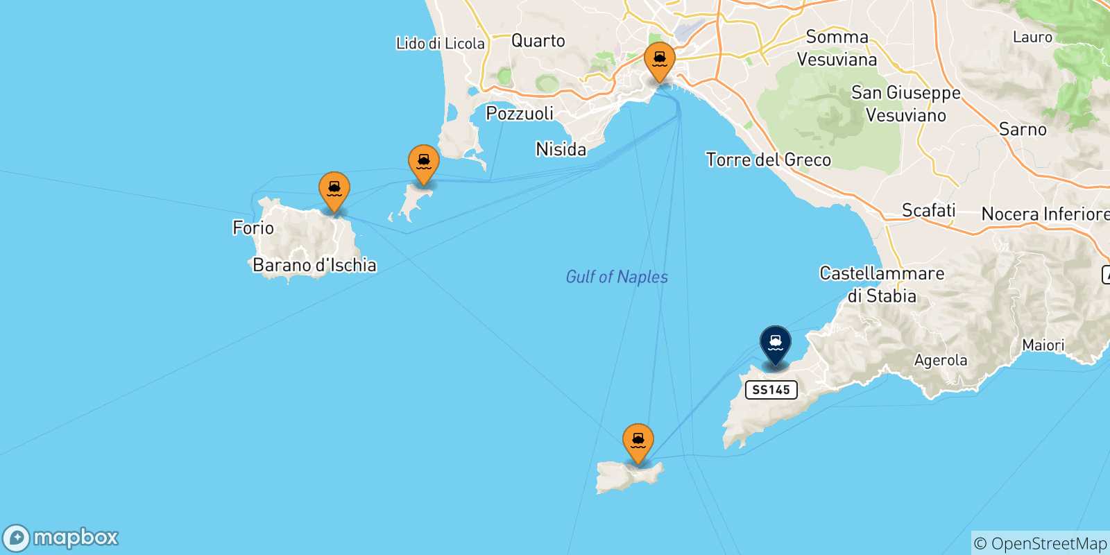 Map of the possible routes between Italy and Sorrento