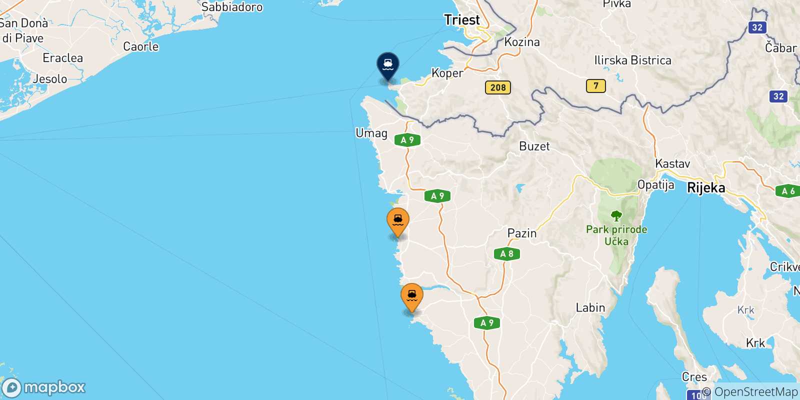 Map of the possible routes between Croatia and Piran