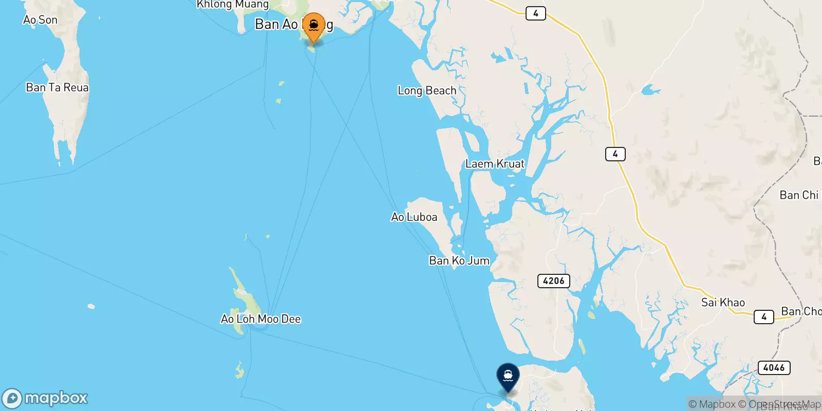 Ferries from East Railay Bay Beach Floating Pier to Koh Lanta (Saladan Pier)