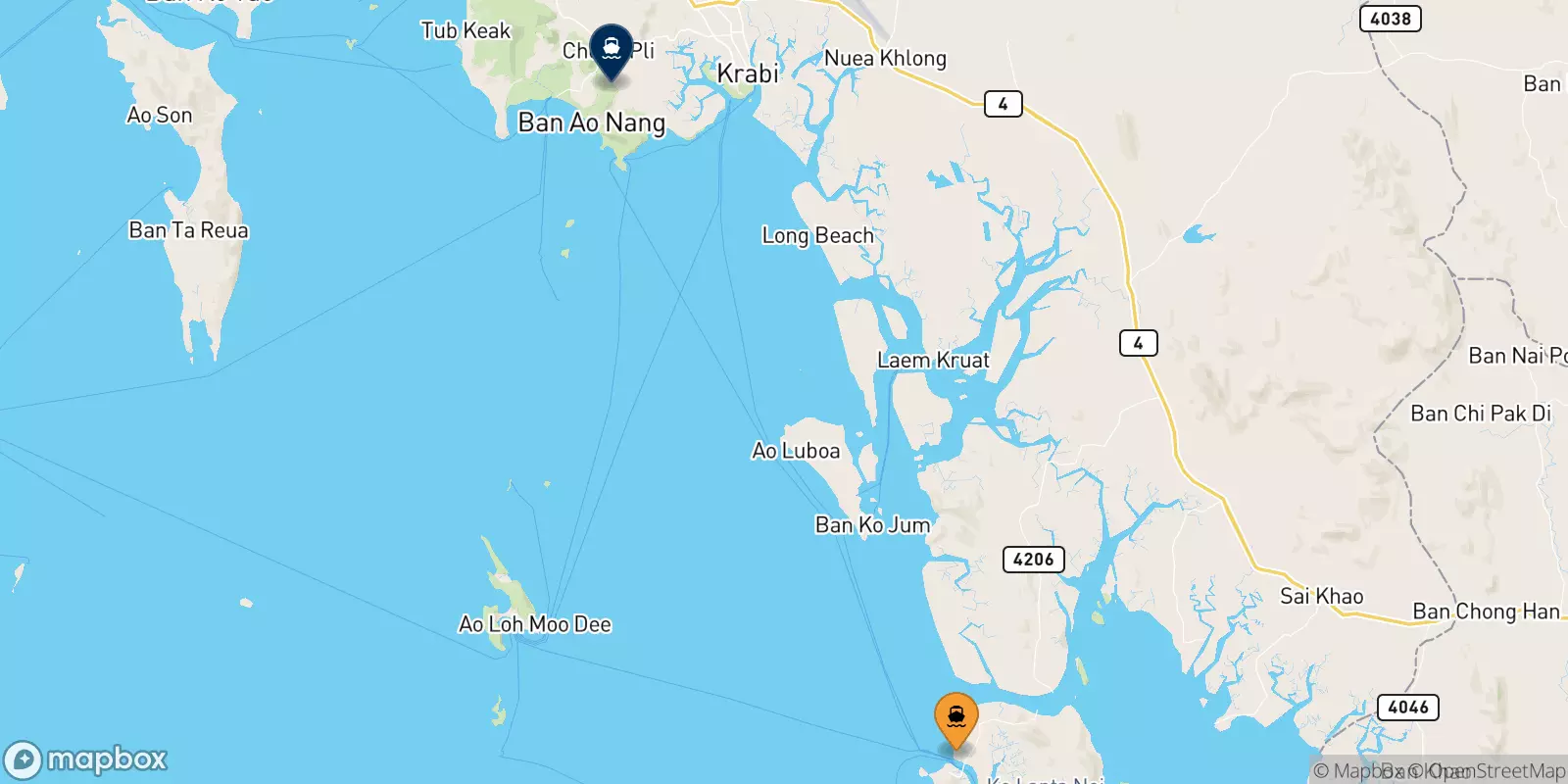 Ferries from Koh Lanta (Saladan Pier) to Ao Nang (Nopparat Thara Pier)