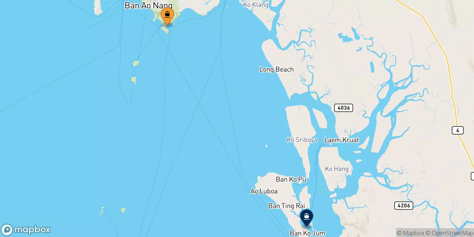 Ferries from East Railay Bay Beach Floating Pier to Koh Jum